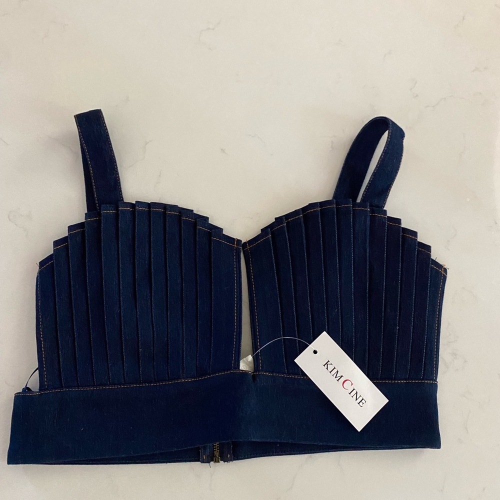 2 Pcs KIMCINE Women’s Clam Bra Top & Pleated Bell Bottom denim Jean size L
